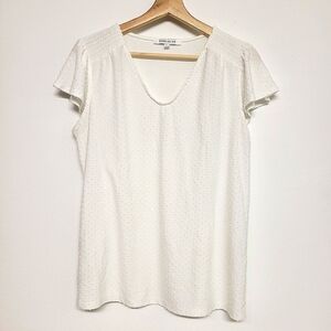 Rose & Olive Swiss Dot Blouse Large White Womens V-Neck Smocked Flutter Sleeve